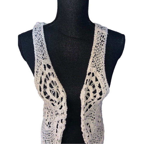 Its pink crochet fringe boho knitted long vest tan cream retro hippie medium - Picture 6 of 12